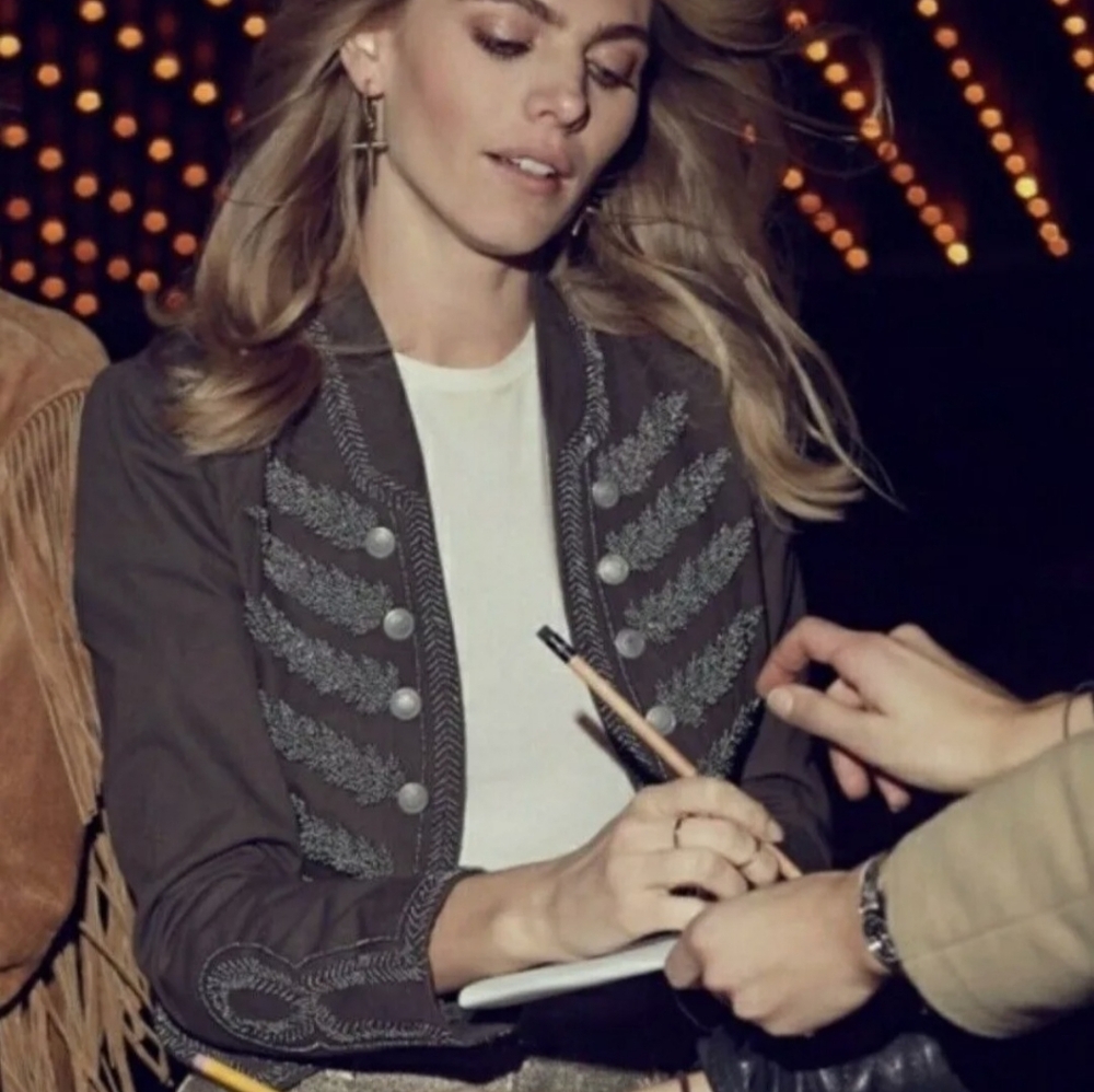 Free People Olive Green Military-Style Embroidered Jacket